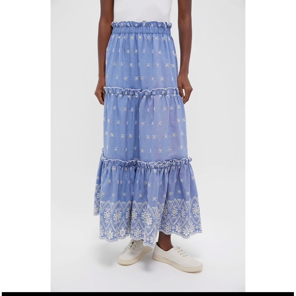 Tuckernuck Prado Blue Chambray Eyelet Tiered Maxi‎ Skirt Embroidered Womens L